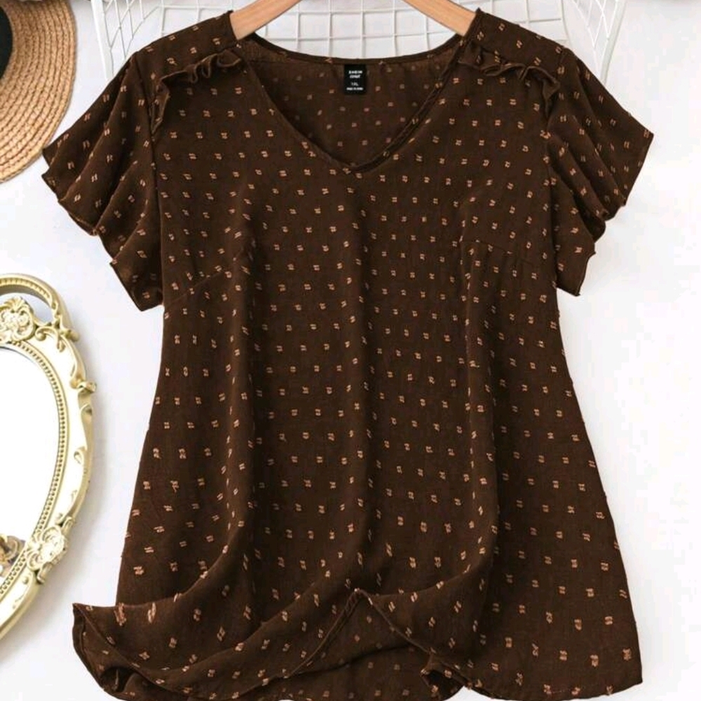 SHEIN Tan Brown Flutter Sleeve Relaxed Blouse